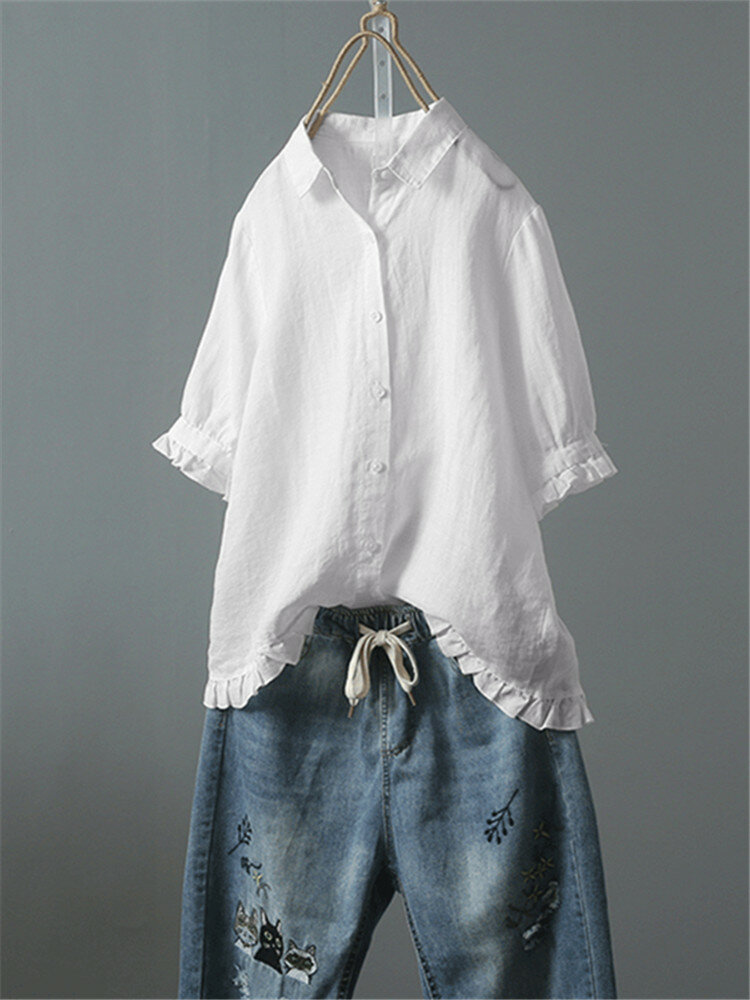 Женское Винтаж Рубашка с длинным рукавом и воротником сплошного цвета