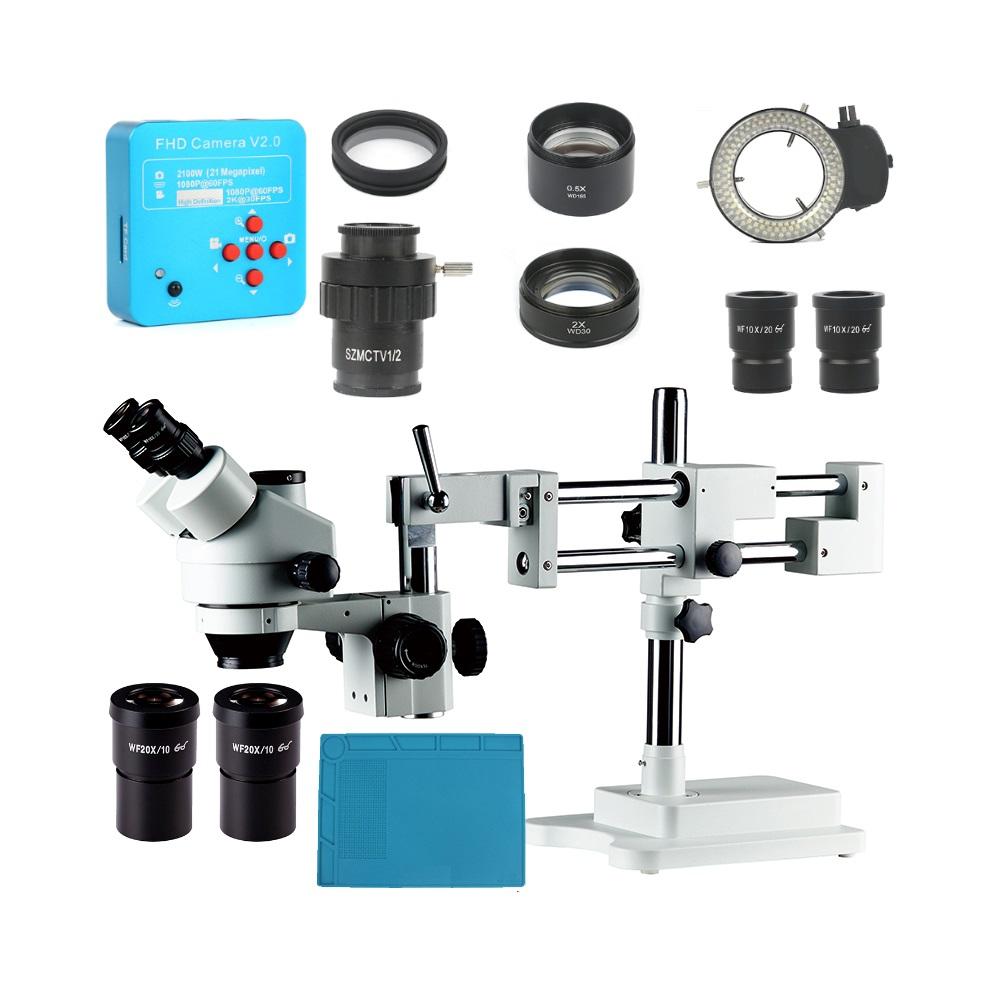 Microscopio stereoscopico trinoculare con zoom 7X 45X e supporto boom stand a doppio braccio
