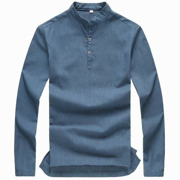 Cotton Linen V Shape Stand Collar Side Slit Hem Solid Candy Color Koszulki z długim rękawem 