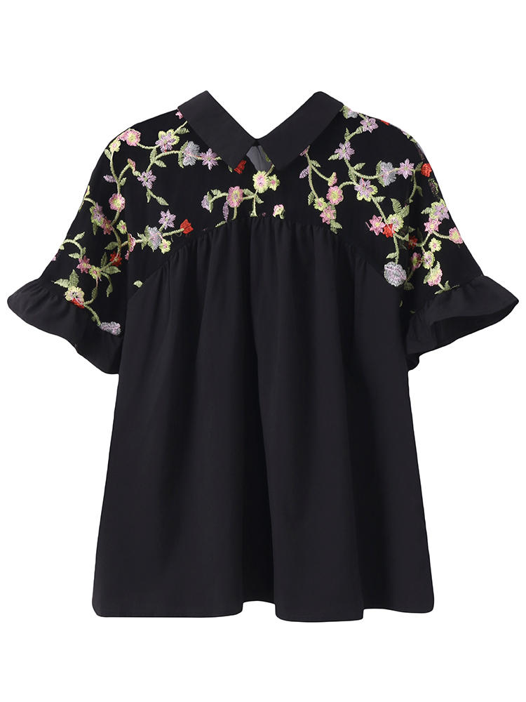 Sexy Women Short Sleeve Floral Embroidery Mesh Splice Blouse