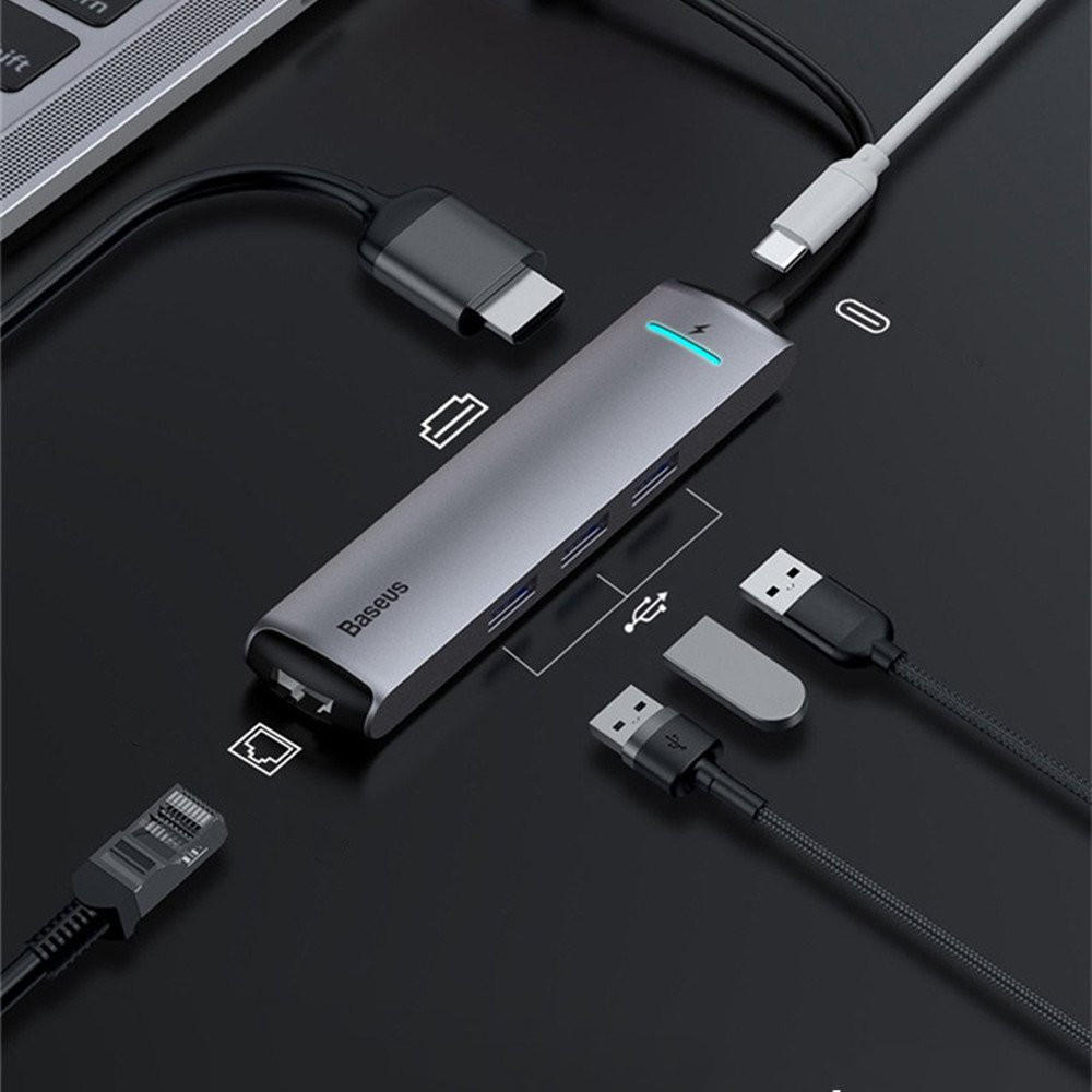 Baseus 6 in 1 USB-C Type-C Hub Adapter with 3 * USB 3.0 Ports / Type-C PD Charging Port / 4K HD Display インタフェース / Gigabit RJ45 Network Port For Type-C Smartphone Laptop MacBook