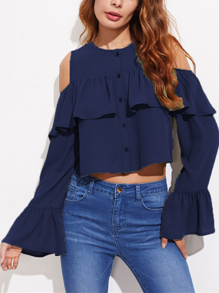 Plus Size Sexy Women Strapless Button Bell Sleeve Blouse