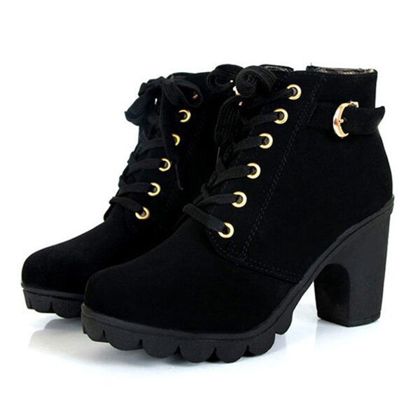 Women Girl High Top Heel Ankle Boots Winter Pumps Lace Up Buckle Suede Shoes 