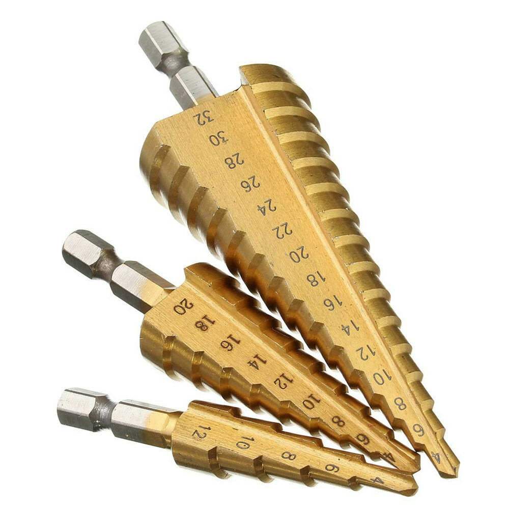 Drillpro 3本4-12 / 20 / 32mm HSSチタンステップコーンドリルビット六角シャンクホールカッター