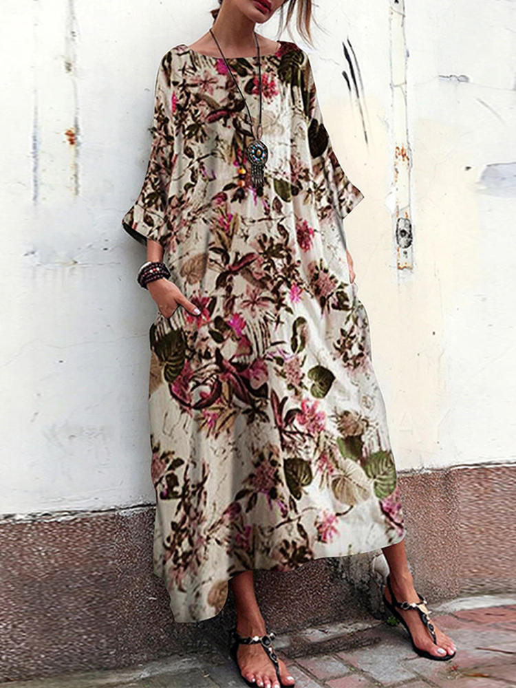 Women 3/4 Sleeve Crew Neck Floral Print Vintage Long Maxi Dress Women 3/4 Sleeve Crew Neck Floral Print Vintage Long Maxi Dress