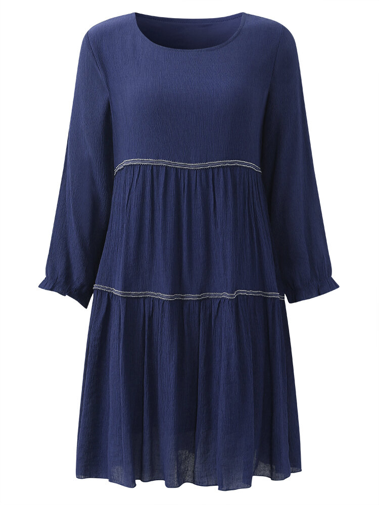 Casual Mulheres Lanterna Manga O-Neck Pure Color Vestido plissado