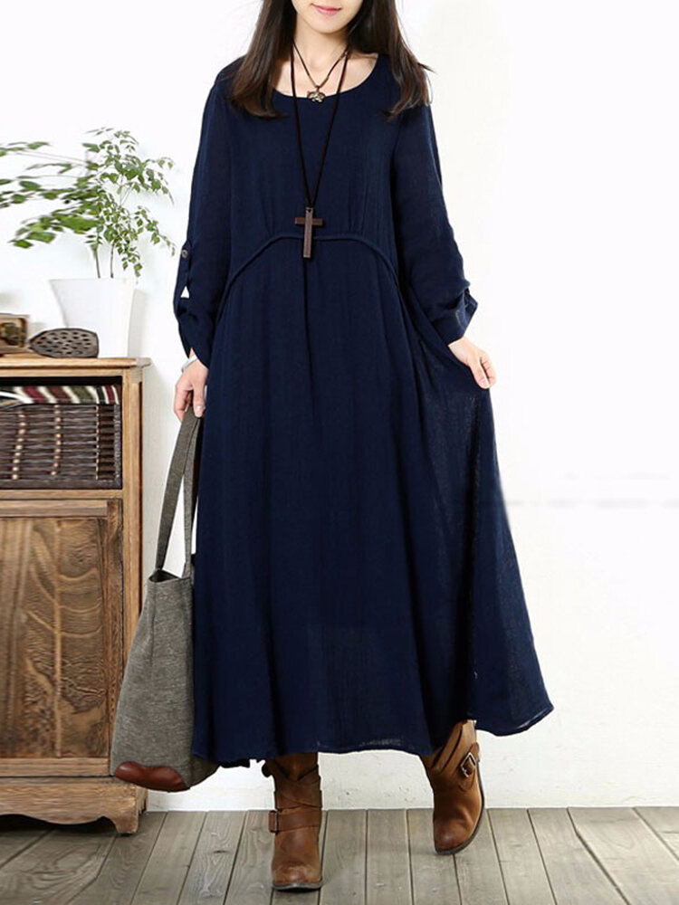 Vintage Women Cotton Scoop Neck Solid Color Loose Maxi Dress