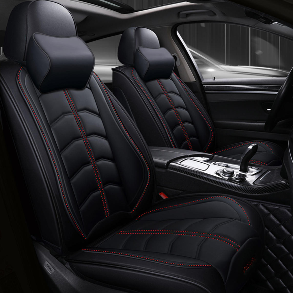 Deluxe 5Seat Front+Rear Car SUV Seat Cover Cushion Neck Lumbar Pillow PU Leather