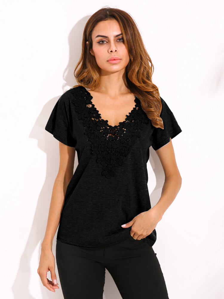 Plus tamanho S-5XL mulheres Sexy Crochet V Neck Top T-shirt