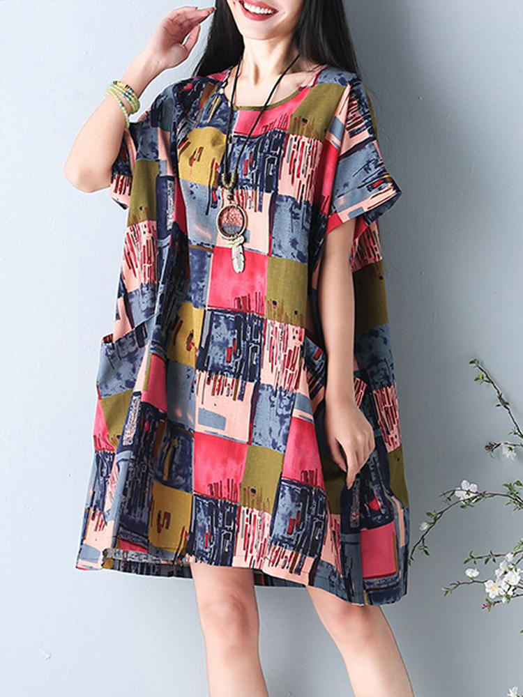S-5XL Mulheres Casual Vestido Loose Boho Em Torno Do Pesco&ccedil;o Floral Impresso Vestido