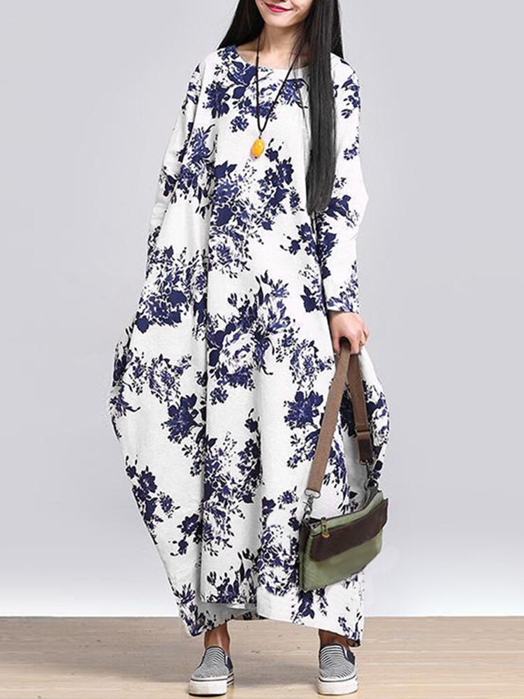 L-5XL Casual Damen Lose Blumendruck Kleid