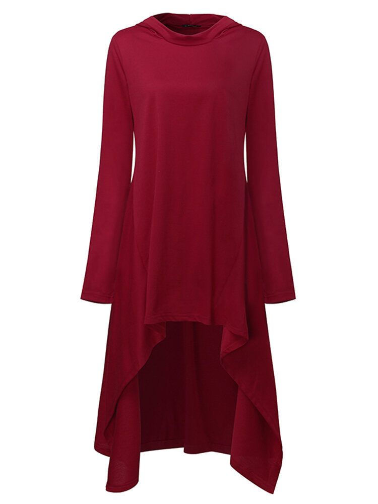 Casual Mulheres com capuz de manga comprida Pure Color Irregular Hem Mini Dress