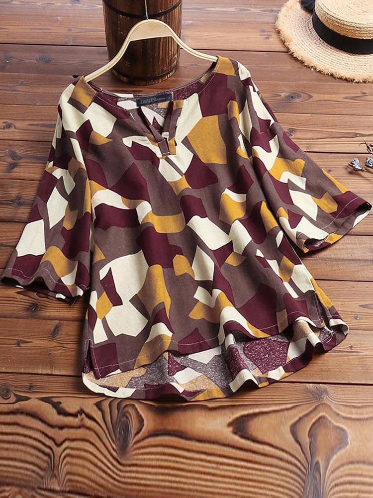 レディースカジュアルプリントＶネック半袖ブラウス