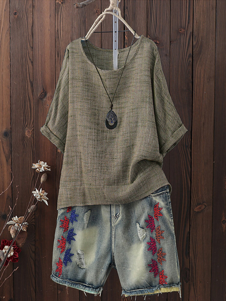 Plus Tamanho Vintage em torno do pesco&ccedil;o manga 3/4 Blusa Mulheres