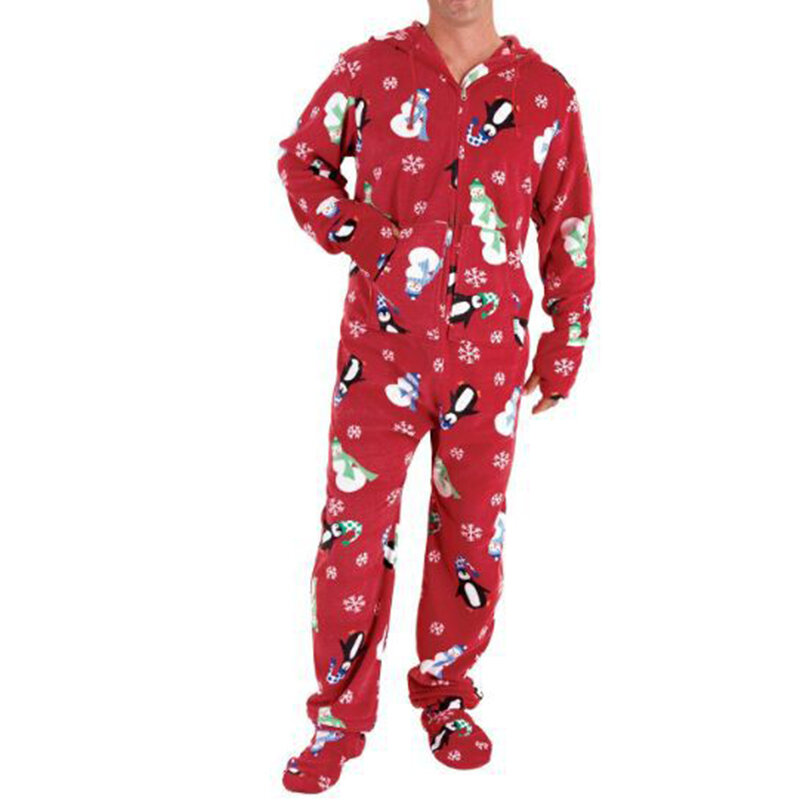 Mens Snowman Printing Hooded Christmas Pajamas Set Home Jumpsuit Sleepwear Mens Snowman Printing Hooded Christmas Pajamas Set Home Jumpsuit Sleepwear