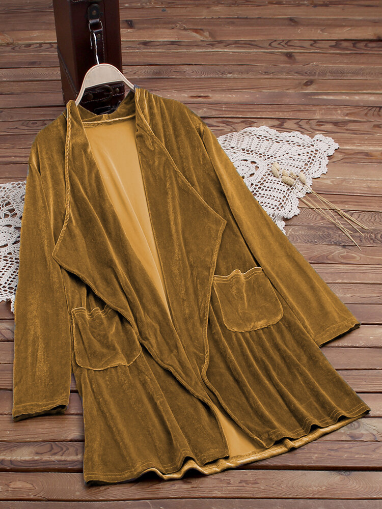 Pure Color Turn-down Collar Long Sleeve Velvet Trench Coats