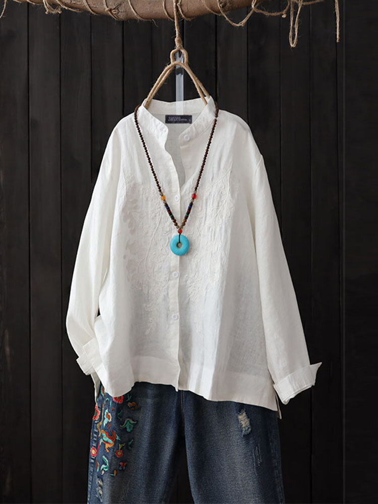 Винтаж Женское Повседневная вышитая пуговица с длинным рукавом