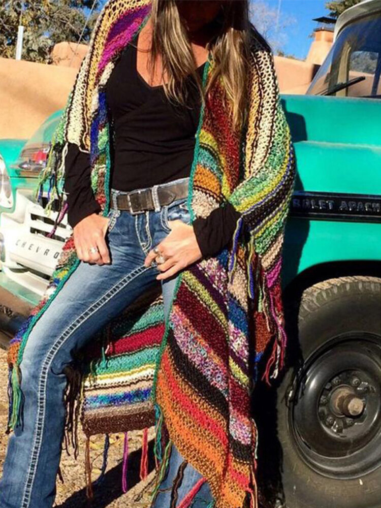 Folk Style Print Cardigan Tassel Coats 