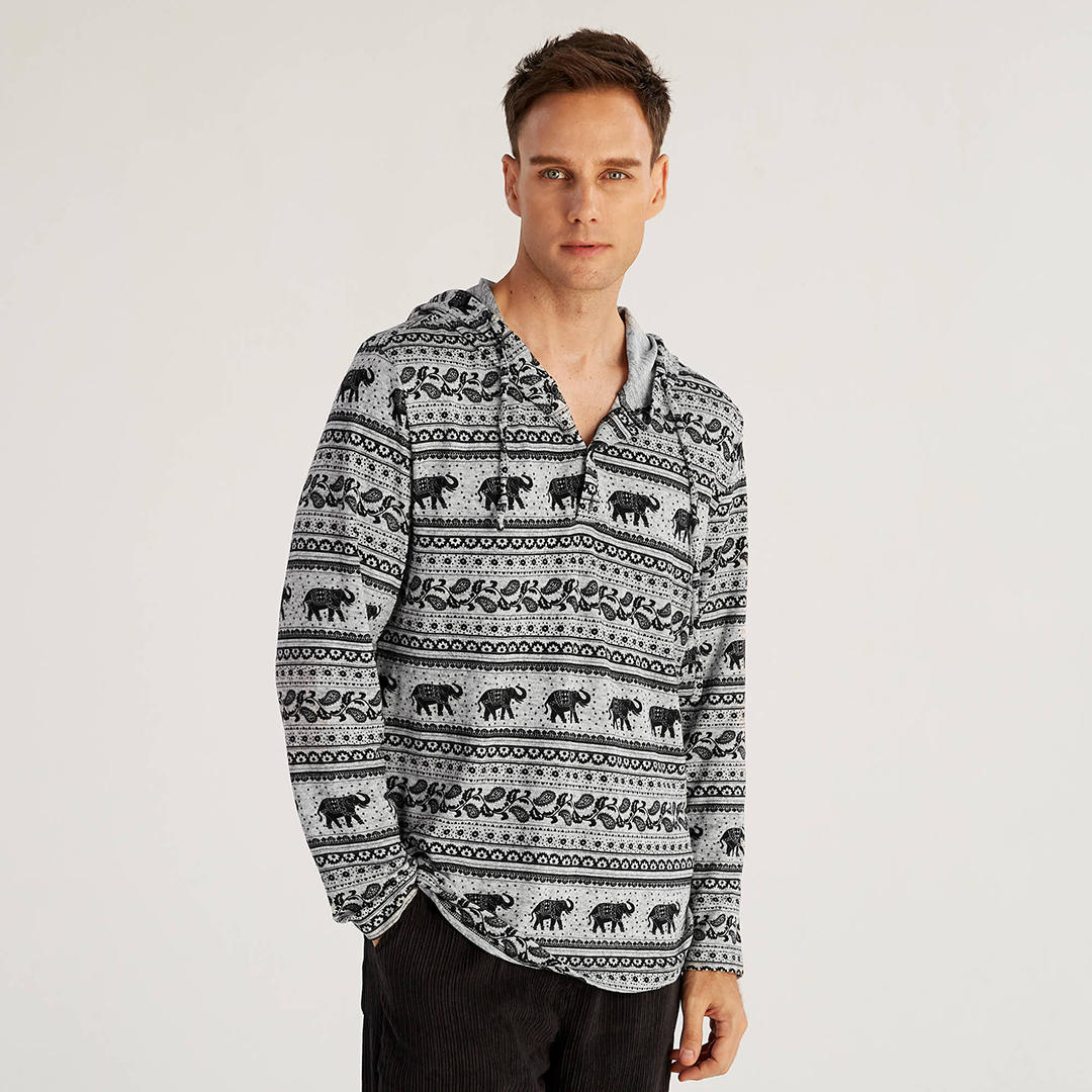 Mens etnische stijl olifant afdrukken Casual lange mouw Hooded Sweatshirt