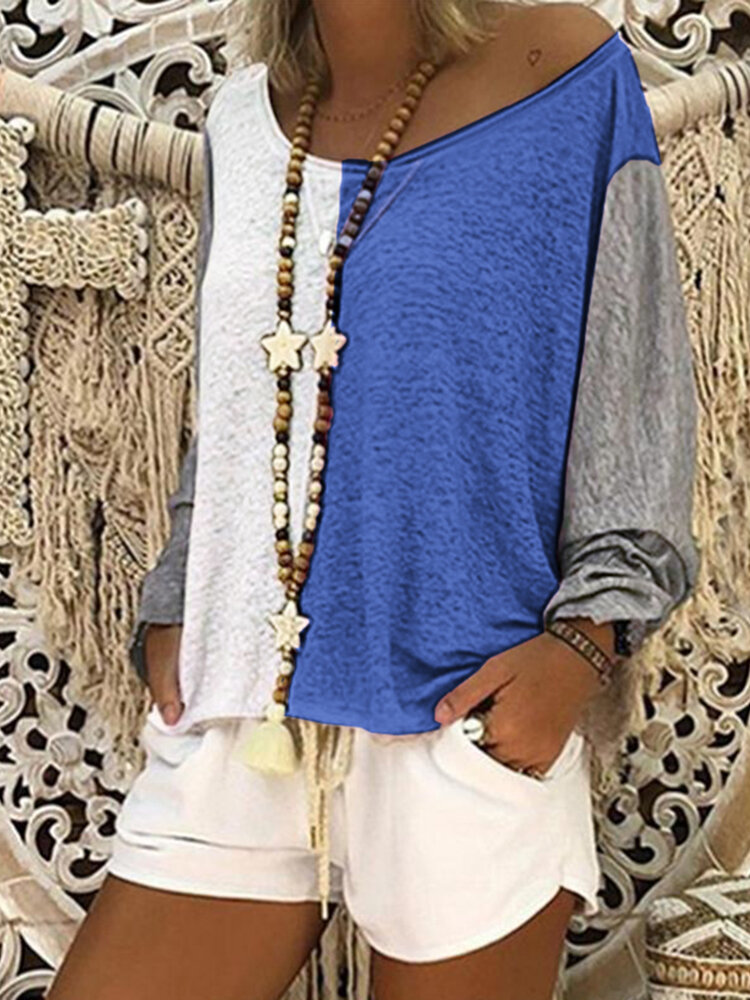 Blusa casual feminina de retalhos de cores largas Camisa