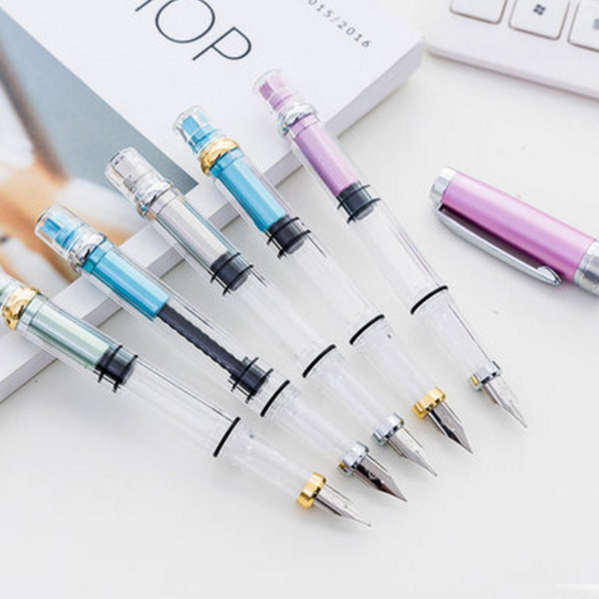 Wing Sung 3008 Fuente transparente de pist&oacute;n Pluma Wingsung Silver EF Nib & Trim Ink Pluma Office Escuela Gift