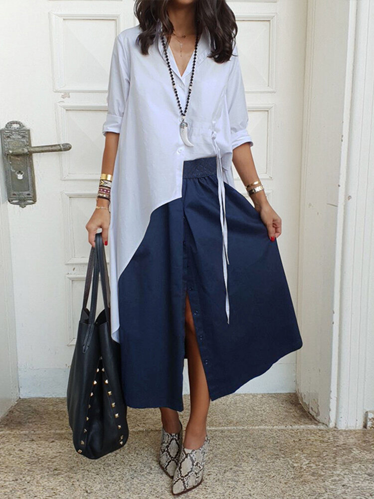 Blusa casual de manga larga alta baja de las mujeres Botones abajo Camisa blusa 