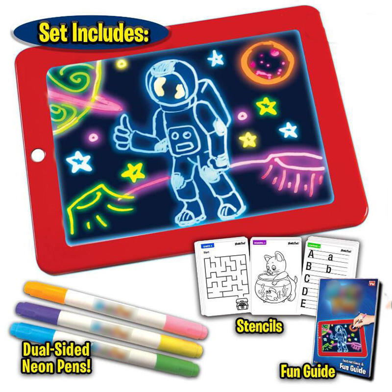3D Magic Drawing Pad LED Tablette d'&eacute;criture Conseil en plastique Creative Art Magic Board Pad avec stylo brosse enfants presse-papiers cadeau ensemble - Rouge