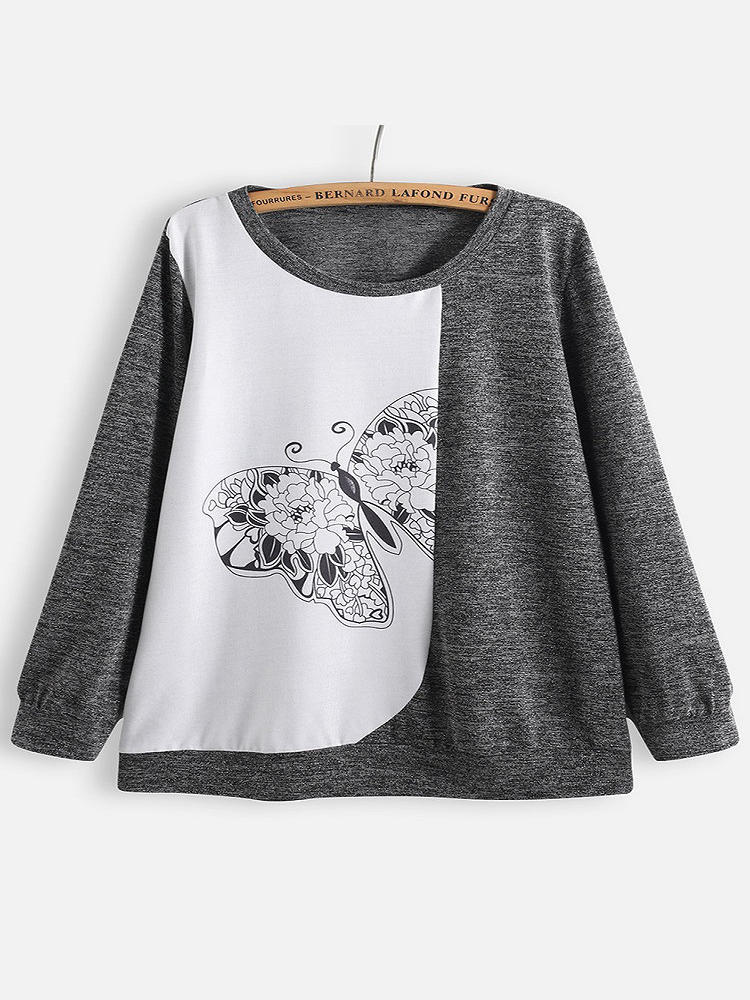 Causal Patchwork Butterfly Print Long Sleeved Shirts