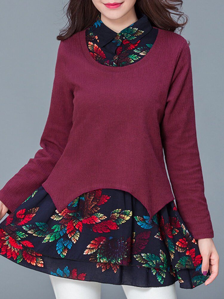 Mulheres elegantes impressas florais Fake Blusa de manga comprida de duas pe&ccedil;as