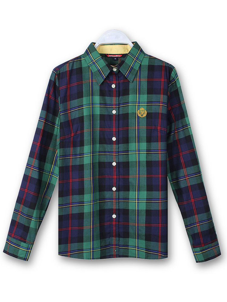 المرأة القطن زر بلوزة منقوشة رفض قميص طويل الأكمام