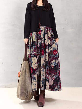 S-5XL gebloemde patchwork maxi-jurk