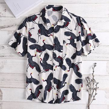 Crane Printing Casual Loose Summer Fashion Shirts for Men