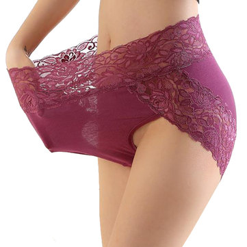 Mulheres Sexy Hips Up High Cintura Lace Panties Modal Bordado Underwear