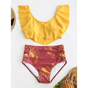 عالية مخصر فلورا طباعة س الرقبة اثنين من قطعة بدلة بيكيني