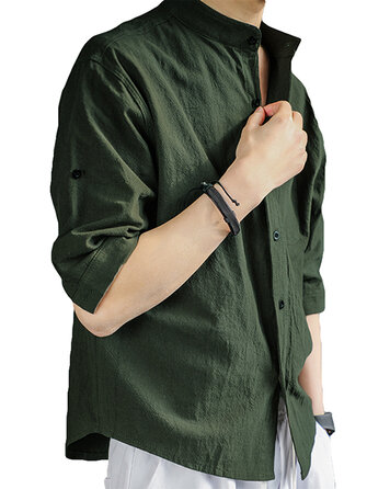 الرجال الكتان النقي اللون قمصان فضفاضة بأكمام قصيرة