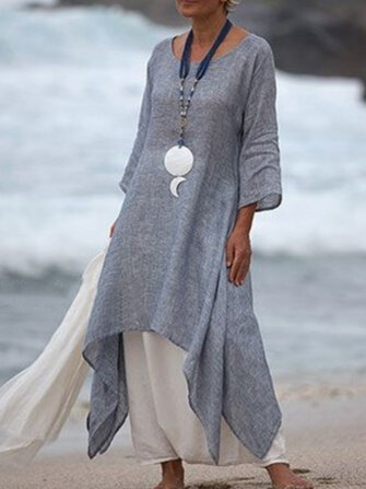 Dames 3/4 mouw hoog laag zoomlinnen katoenen jurk