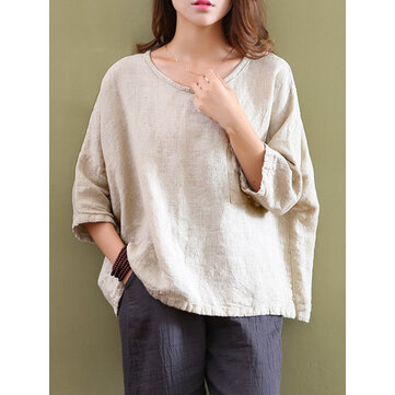 カジュアルな女性純粋なカラーポケット3/4スリーブコットントップス