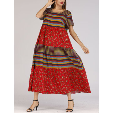 Ethnic Style O-neck Short Sleeve Women Long Dress
