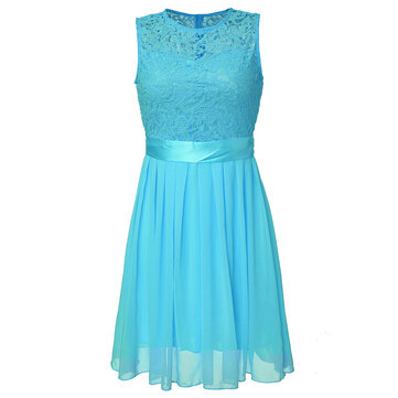 Elegant Lace Crochet Patchwork Sleeveless Women Chiffon Pleated Party Formal Dress
