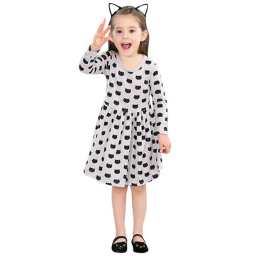Kid Girls Black Cats Printed Vestido de manga comprida