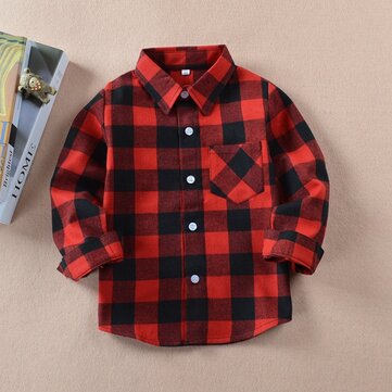 Niños manga larga de algodón abotonado Plaid camisas