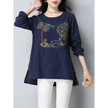 Mulheres vintage manga comprida Padr&atilde;o T-Shirt bordado