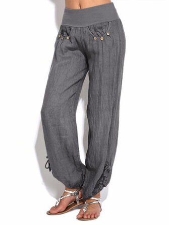 Women Casual High Waist Pure Color Button Yoga Harem Pants