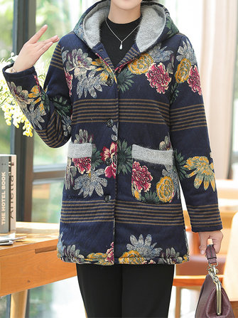Vintage Women Floral Print Patchwork Button Long Sleeve Hooded Coats