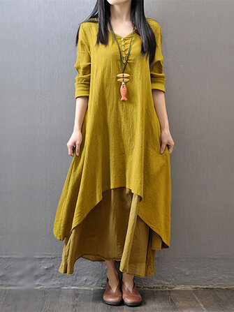 Vintage Women Double Layered Buttons Maxi Dress