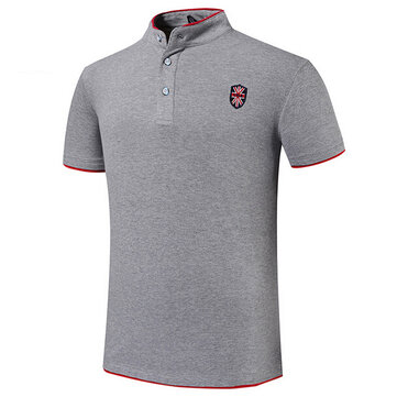 7 Colors Mens Casual Embroidery Solid Color Stand Collar Button Golf Shirt