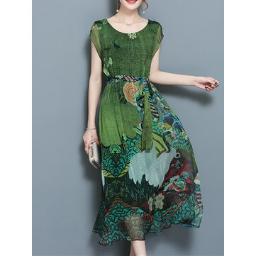Elegante Mulheres Floral Manga Curta Vestido Mid-Long