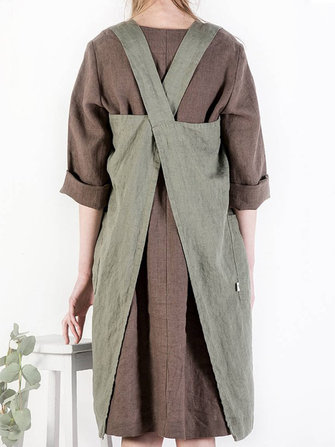 M-5XL Vintage Women Solid Color Side Pockets Cotton Dress