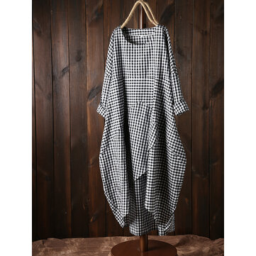 Frauen Plaid Unregelmäßiger Saum Kleid mit Taschen