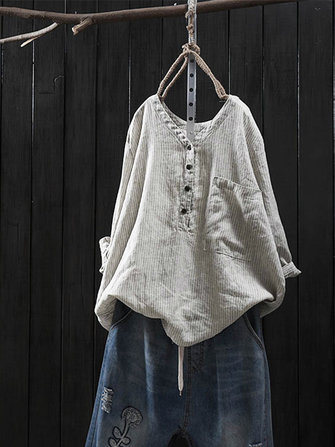 Vintage Damen Baumwolle Gestreifte Langarmbluse mit V-Ausschnitt